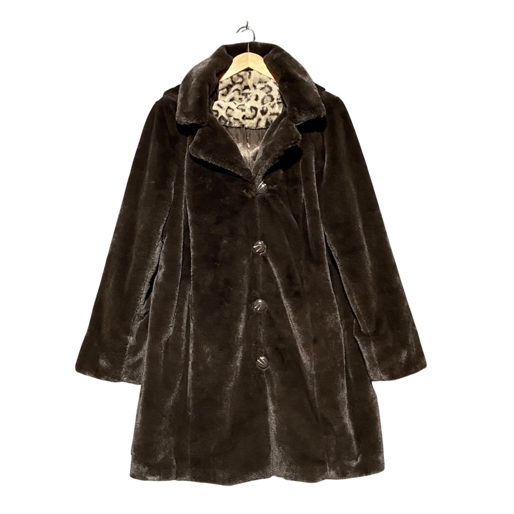 Dennis Basso Gold Brown Faux Fur Coat Detachable Hood Leopard Collar 2X Luxury
